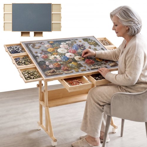 Stół do układania puzzli VEVOR, 2000 elementów, z 6 szufladami do sortowania, 1073 x 761 x 784 mm, dla dorosłych układających puzzle, z podpórką pochyloną, antypoślizgową powłoką filcową, płytą ochronną z tworzywa PVC i kółkami obrotowymi, z regulacją wysokości