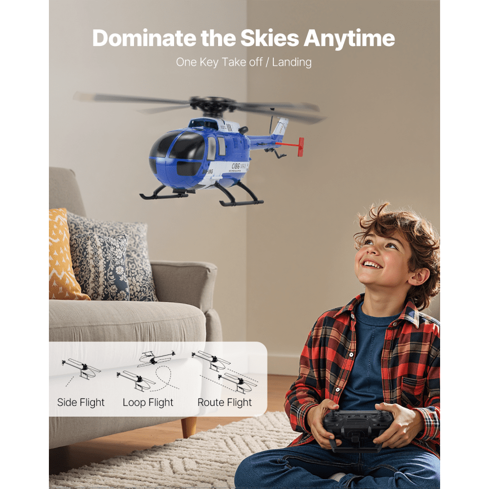Helikopter zdalnie sterowany VEVOR, 2,4 GHz, z pojedynczym śmigłem i 6-osiowym żyroskopem, 4-kanałowy samolot RC dla początkujących, oświetlenie LED i start/lądowanie jednym przyciskiem, dla dzieci w wieku od 8 lat