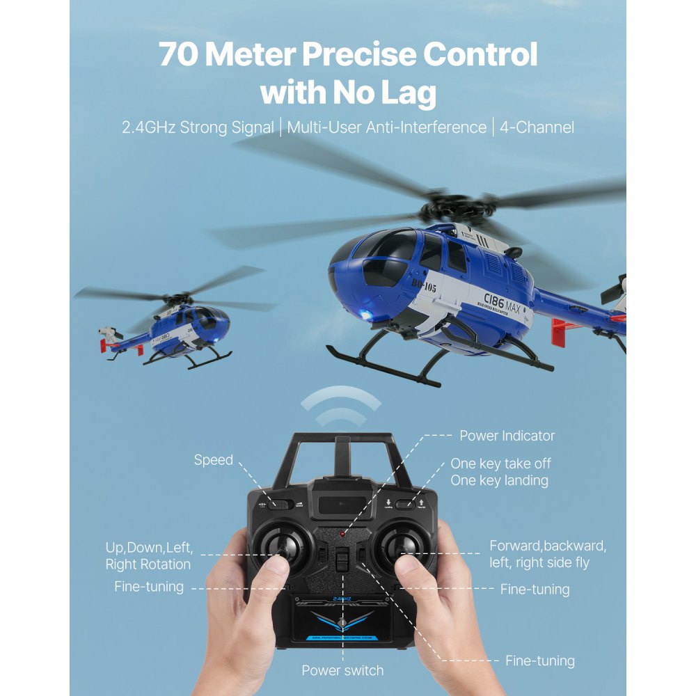 Helikopter zdalnie sterowany VEVOR, 2,4 GHz, z pojedynczym śmigłem i 6-osiowym żyroskopem, 4-kanałowy samolot RC dla początkujących, oświetlenie LED i start/lądowanie jednym przyciskiem, dla dzieci w wieku od 8 lat