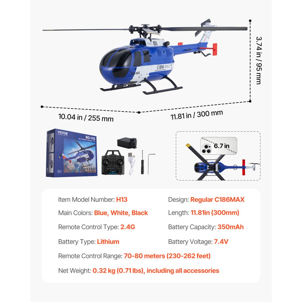 Helikopter zdalnie sterowany VEVOR, 2,4 GHz, z pojedynczym śmigłem i 6-osiowym żyroskopem, 4-kanałowy samolot RC dla początkujących, oświetlenie LED i start/lądowanie jednym przyciskiem, dla dzieci w wieku od 8 lat
