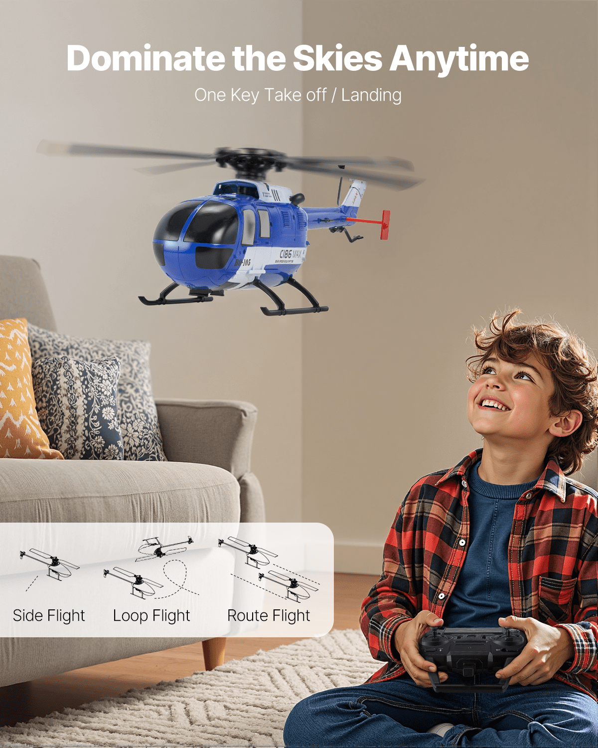 Helikopter zdalnie sterowany VEVOR, 2,4 GHz, z pojedynczym śmigłem i 6-osiowym żyroskopem, 4-kanałowy samolot RC dla początkujących, oświetlenie LED i start/lądowanie jednym przyciskiem, dla dzieci w wieku od 8 lat