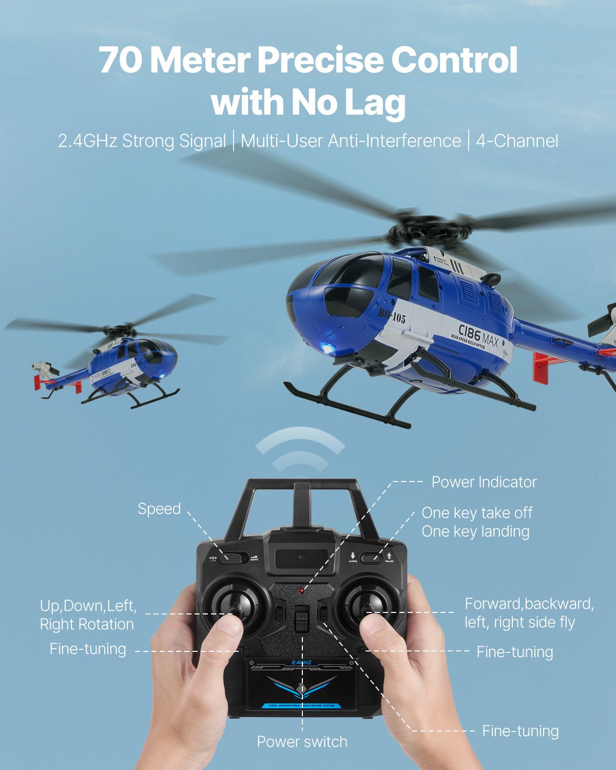 Helikopter zdalnie sterowany VEVOR, 2,4 GHz, z pojedynczym śmigłem i 6-osiowym żyroskopem, 4-kanałowy samolot RC dla początkujących, oświetlenie LED i start/lądowanie jednym przyciskiem, dla dzieci w wieku od 8 lat