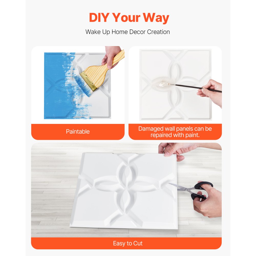 Panele ścienne VEVOR 3D, zestaw 33 paneli ściennych z PVC o wymiarach 30x30 cm w nowoczesnym, minimalistycznym wzorze kwiatowym, dekoracja ścienna, aranżacja wnętrz na sufit, do sypialni, salonu i pokoju zabaw, matowa biel