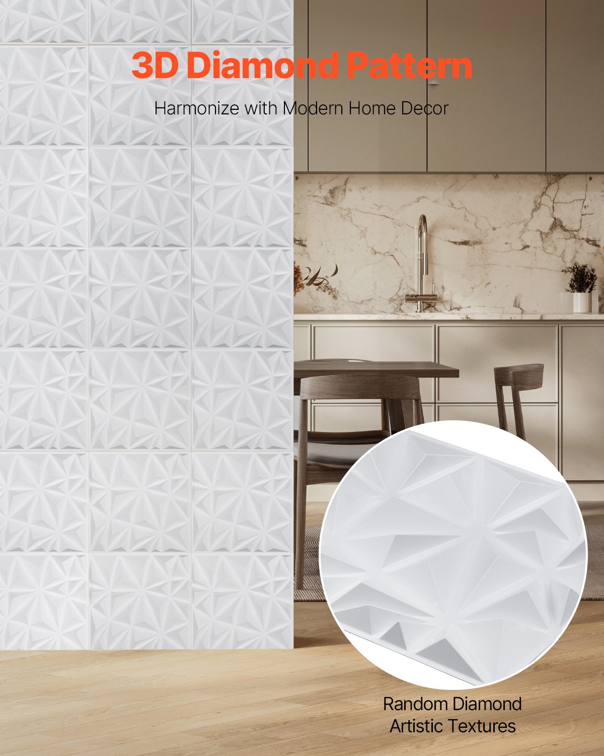 Zestaw 33 paneli ściennych VEVOR 3D, 30x30 cm, nowoczesna minimalistyczna okładzina ścienna z PVC, powierzchnia 2,97 m², dekoracja ścienna, aranżacja wnętrz na sufit, do sypialni, salonu i pokoju zabaw, matowa biel