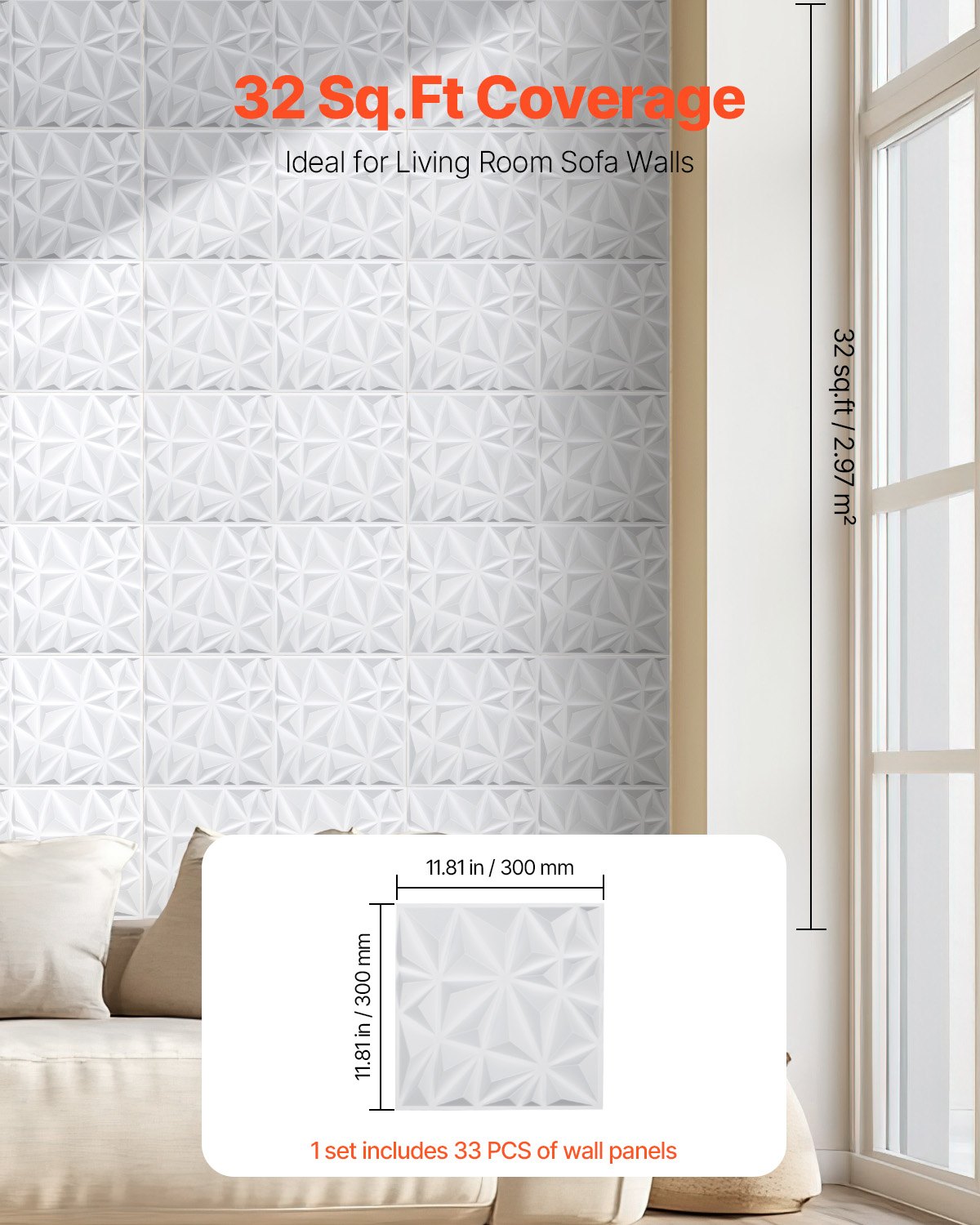 Zestaw 33 paneli ściennych VEVOR 3D, 30x30 cm, nowoczesna minimalistyczna okładzina ścienna z PVC, powierzchnia 2,97 m², dekoracja ścienna, aranżacja wnętrz na sufit, do sypialni, salonu i pokoju zabaw, matowa biel