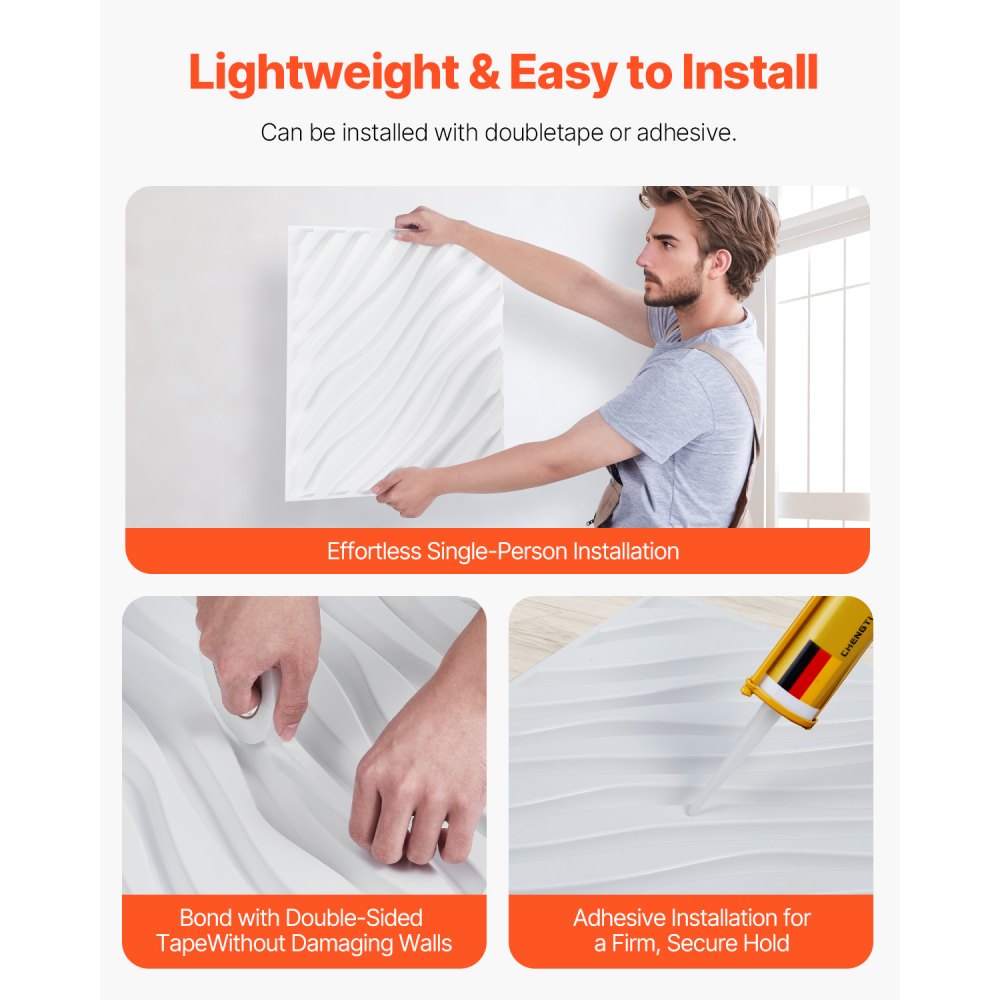 Panele ścienne VEVOR 3D, zestaw 12 sztuk, 50x50 cm, nowoczesna minimalistyczna okładzina ścienna z PVC, powierzchnia 2,97 m², dekoracja wnętrz na sufit, do sypialni, salonu i pokoju zabaw, matowa biel