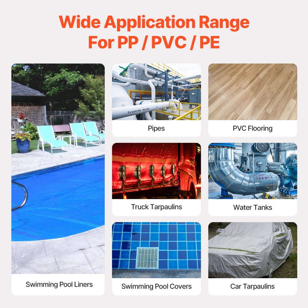 Spawarka na gorące powietrze VEVOR do tworzyw sztucznych, opalarka 1600 W, palnik spawalniczy do winylu PVC TPO o temperaturze 50–600°C, 5-częściowy zestaw spawarek na gorące powietrze i 2 płaskie dysze, 1 wałek do szwów, pędzel do płyt PP/PE/PVC