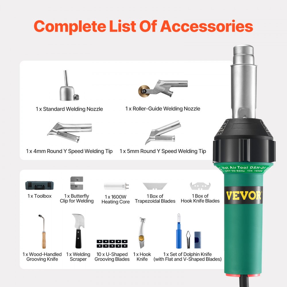 Spawarka na gorące powietrze VEVOR do tworzyw sztucznych, pistolet opalający 1600 W, palnik spawalniczy do winylu PVC TPO 50–600°C, zestaw spawarki na gorące powietrze z 14 akcesoriami – skrzynka narzędziowa, dysza, wałek, ostrza do PP/PE/PVC