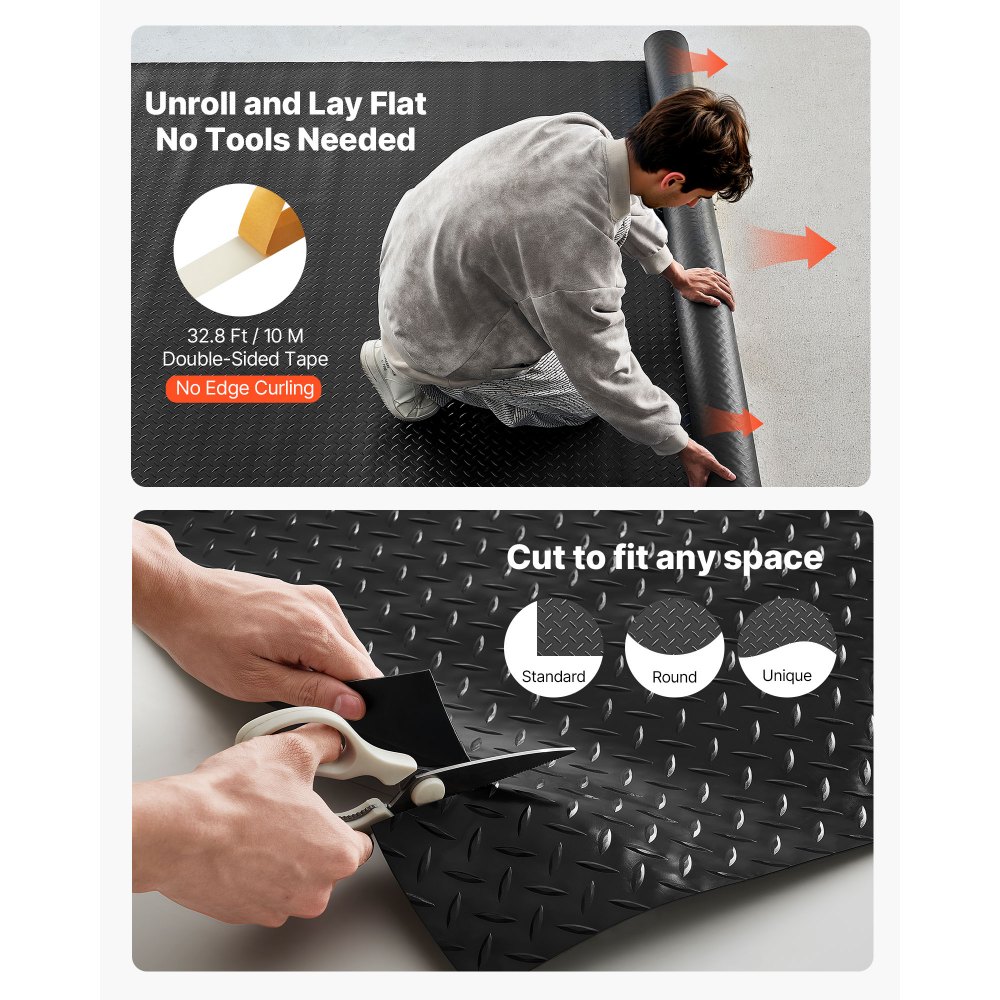 Mata garażowa VEVOR, 2280 x 6100 mm, antypoślizgowa, sprzedawana na metry, mata z wypustkami z PVC o grubości 2,2 mm, mata ochronna na podłogę z dwustronną taśmą klejącą, do magazynów, siłowni, przyczep, czarna