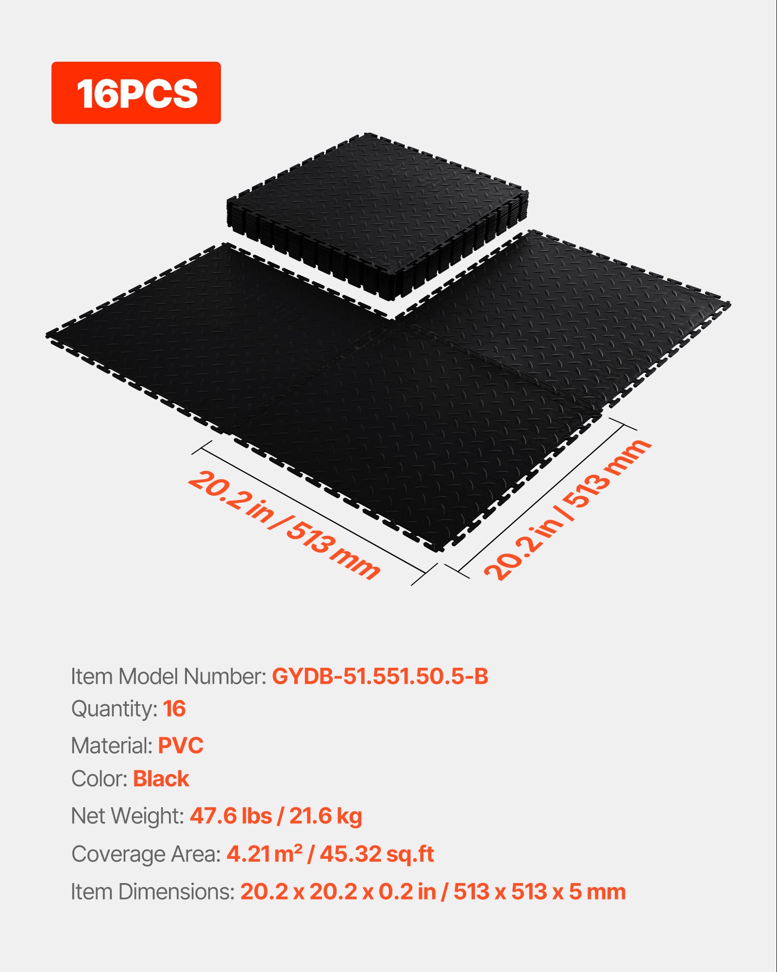 Maty garażowe PCV VEVOR, 16 szt., 513 x 513 x 5 mm, Wykładzina warsztatowa, Wykładzina przemysłowa, Montaż na klik, Maty antypoślizgowe PCV z płytką diamentową do warsztatu, magazynu, narzędziowni, Czarne