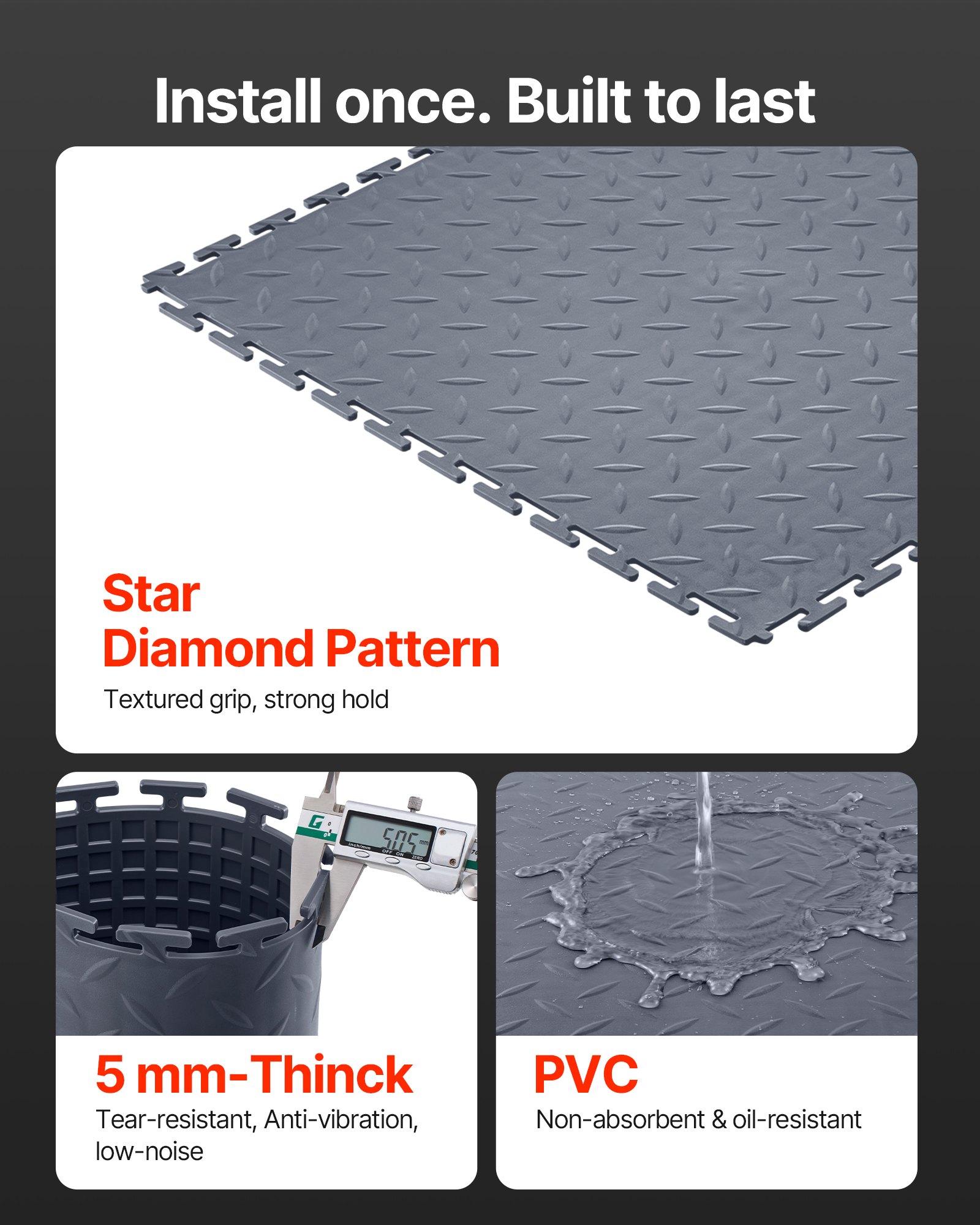 Mata garażowa PVC VEVOR, 8 szt., 513 x 513 x 5 mm, wykładzina warsztatowa, wykładzina przemysłowa, montaż na klik, antypoślizgowe maty PVC z płytką diamentową do warsztatu, magazynu, narzędziowni, kolor grafitowy