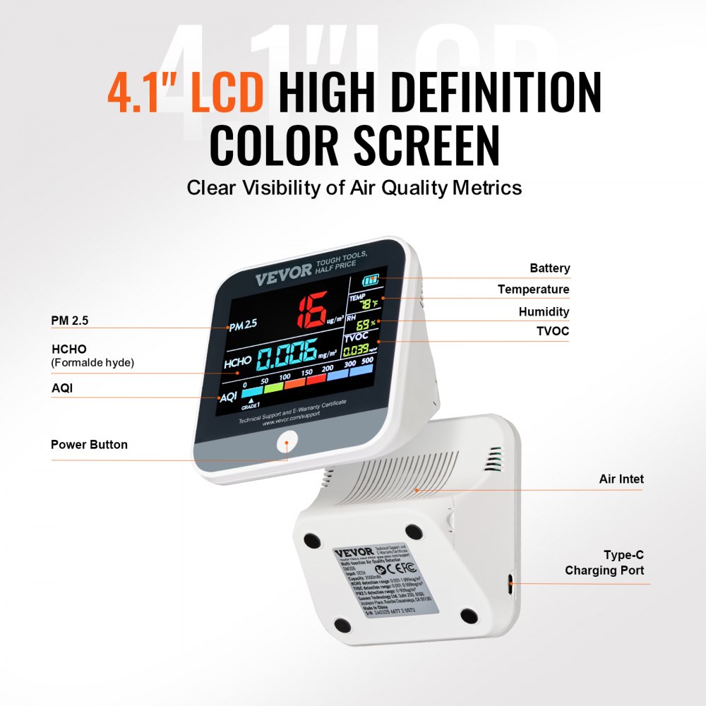 VEVOR Mini monitor jakości powietrza 8 w 1, profesjonalny licznik cząstek PM2,5 PM10 PM1,0, formaldehydu, temperatury, wilgotności, TVOC, miernik jakości powietrza do użytku wewnątrz i na zewnątrz, z alarmem