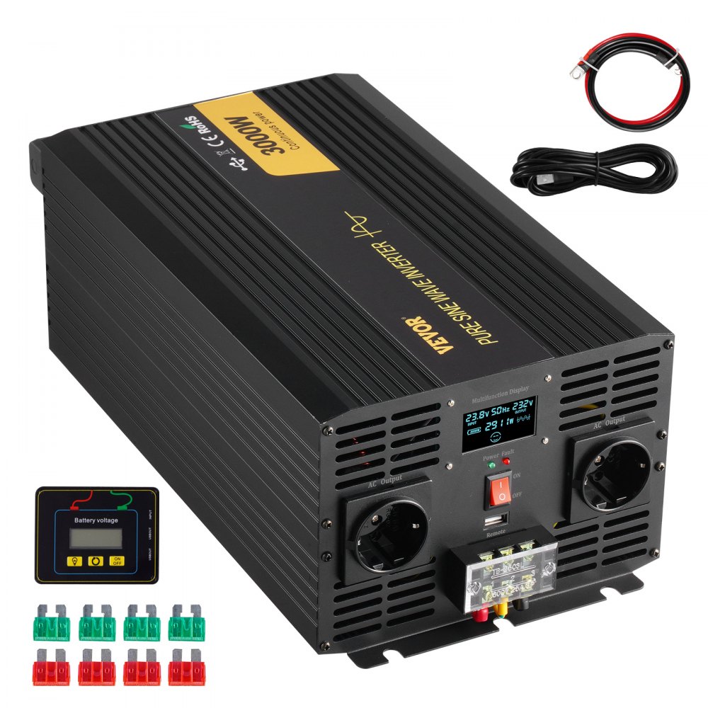 Falownik VEVOR o mocy 3000 W z czystą falą sinusoidalną, prąd stały 24 V na prąd przemienny 230 V, samochodowy, z portem USB, wyświetlaczem LCD, pilotem i gniazdami EU do pojazdów kempingowych, ciężarówek, samochodów, systemów solarnych, podróży i kempingów