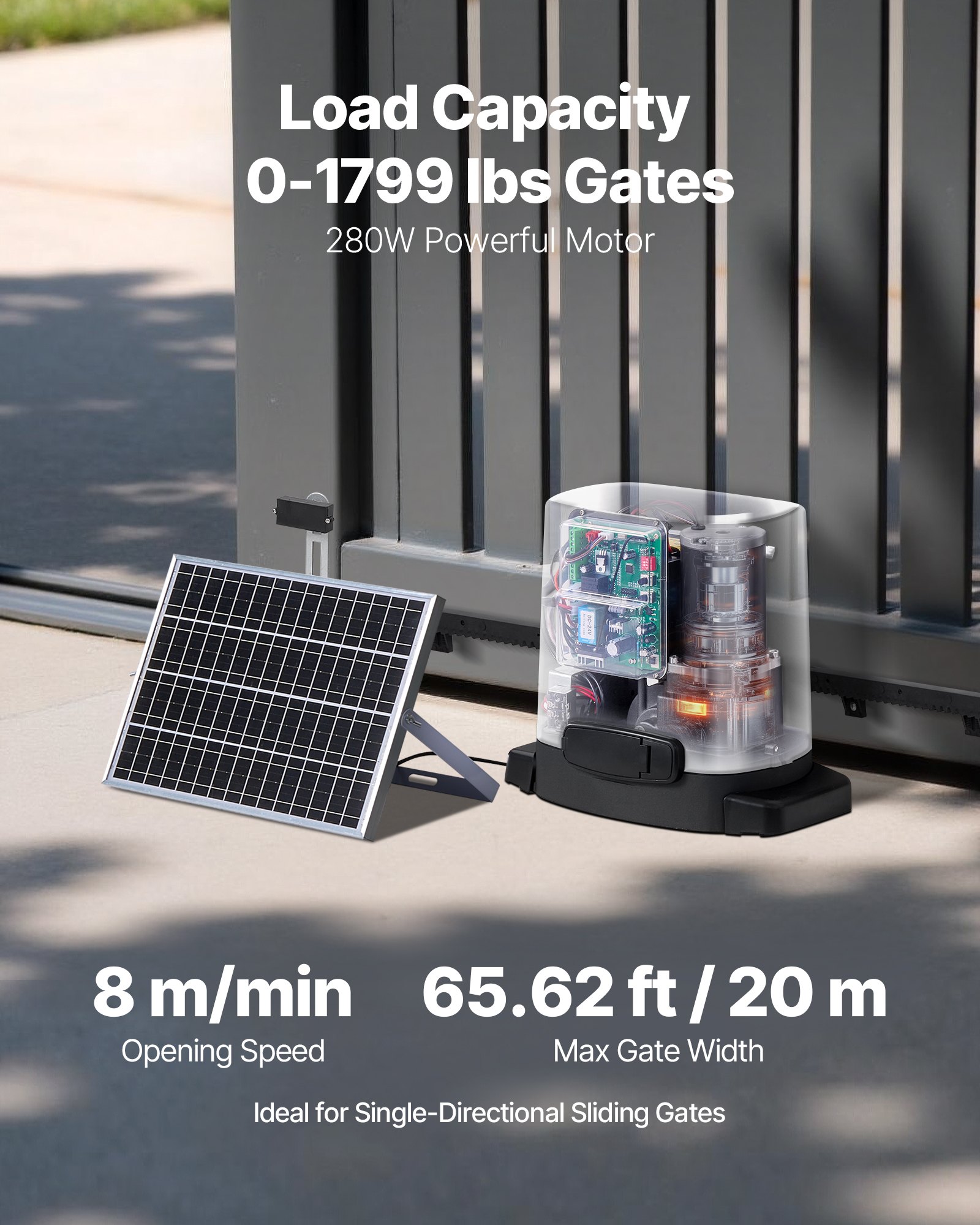 Napęd do bram przesuwnych VEVOR, napęd solarny 280 W do bram o szerokości do 20 m i udźwigu do 800 kg, silnik do rolet z czujnikiem podczerwieni i 2 pilotami, system otwierania bram wjazdowych