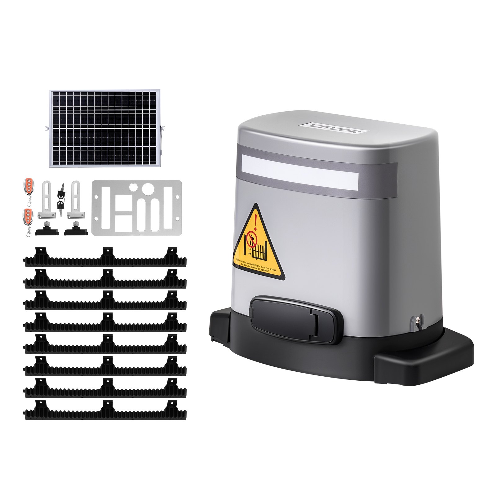 Napęd do bram przesuwnych VEVOR, napęd solarny 280 W do bram o szerokości do 20 m i udźwigu do 800 kg, silnik do rolet z czujnikiem podczerwieni i 2 pilotami, system otwierania bram wjazdowych