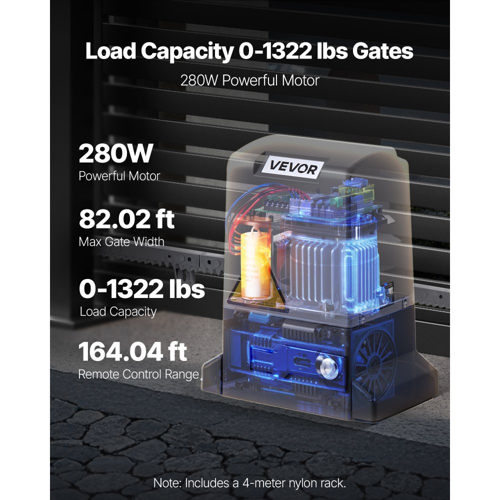 Napęd do bram przesuwnych VEVOR, elektryczny napęd do bram o mocy 280 W do bram o szerokości do 25 m i 600 kg, silnik do rolet z nylonową listwą zębatą, czujnik podczerwieni i 2 piloty, system otwierania bramy wjazdowej