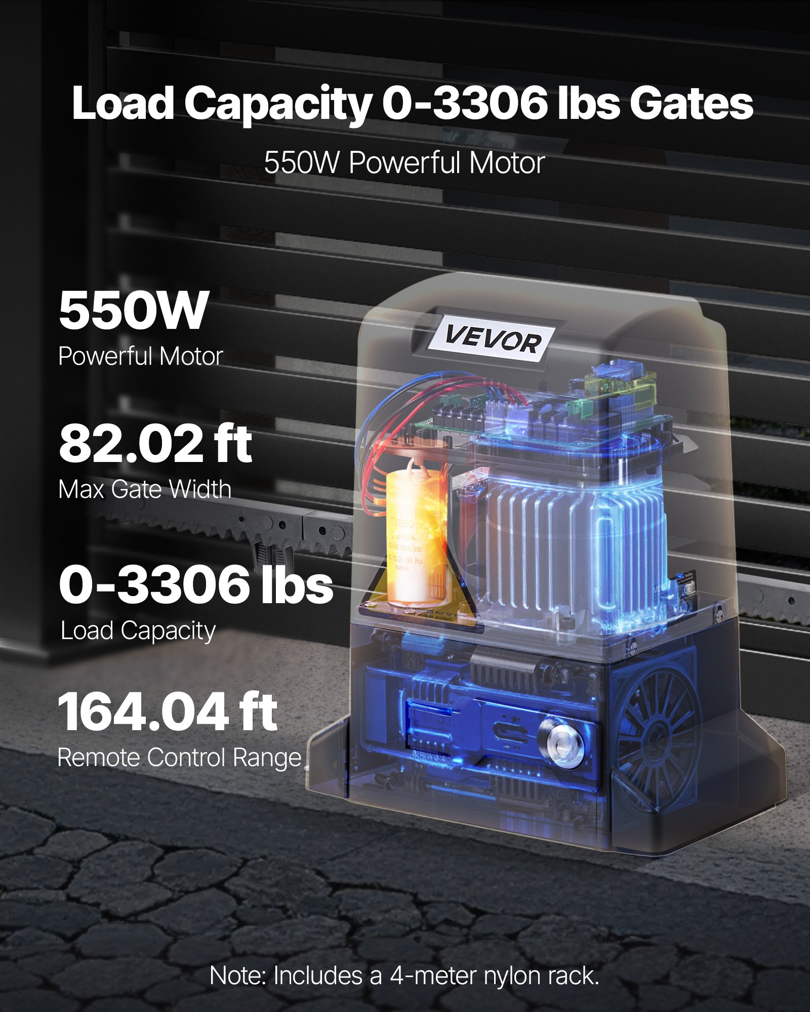 Napęd do bram przesuwnych VEVOR, napęd do bram podwórzowych o mocy 550 W do bram o szerokości do 25 m i 1500 kg, silnik do rolet z nylonową listwą zębatą, czujnik podczerwieni i 2 piloty, system otwierania bram wjazdowych