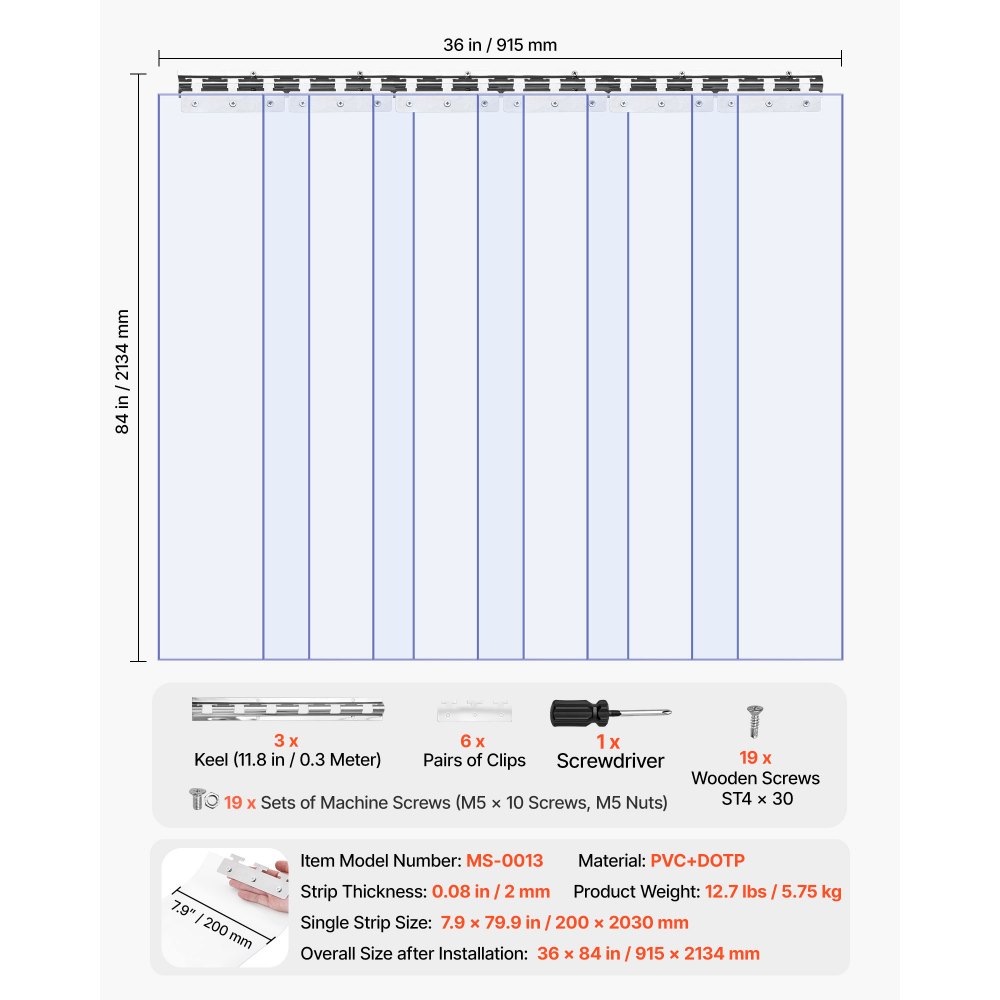 Kurtyna paskowa z tworzywa sztucznego VEVOR, 915 x 2134 mm, grubość 2 mm, opakowanie 6 sztuk, plastikowa taśma do drzwi magazynowych, mroźniczych i garażowych, gładka, przezroczysta