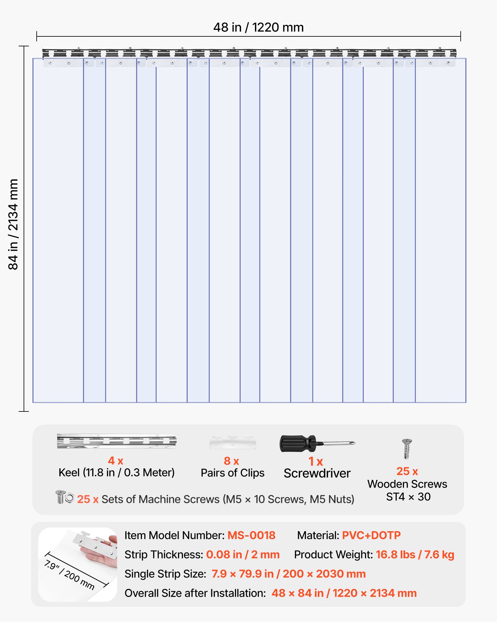 VEVOR Przezroczysta kurtyna paskowa z PVC, 1220 x 2134 mm, grubość 2 mm, 8 sztuk w opakowaniu, od -55,6°C do 30°C, plastikowa kurtyna drzwiowa do magazynów, mroźni i garaży