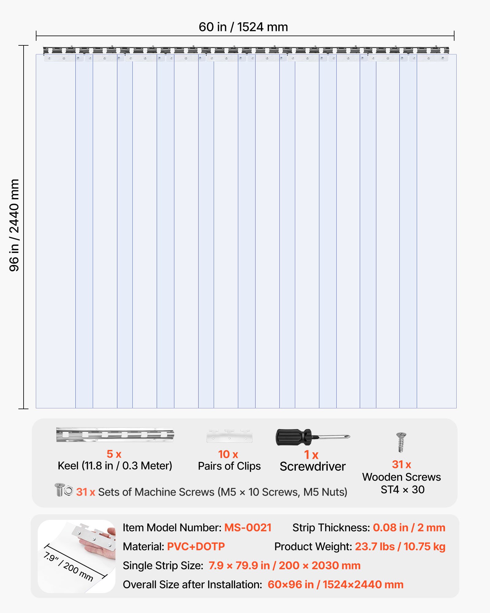 Kurtyna paskowa z tworzywa sztucznego VEVOR, 1524 x 2440 mm, grubość 2 mm, opakowanie 10 sztuk, paski kurtyny -20–60°C, gładkie, plastikowe paski drzwiowe do magazynów, mroźni i garaży, przezroczyste