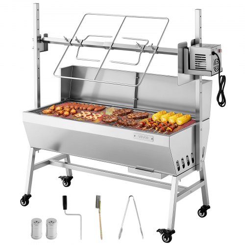 Grill rożenowy VEVOR 38 W, grill dla prosiąt, grill dla jagniąt, grill węglowy (długość grilla 94 cm), udźwig 60 kg, 7-stopniowa regulacja wysokości i płyta ochronna, zestaw grilla elektrycznego ze stali nierdzewnej do użytku na kempingu i na zewnątrz