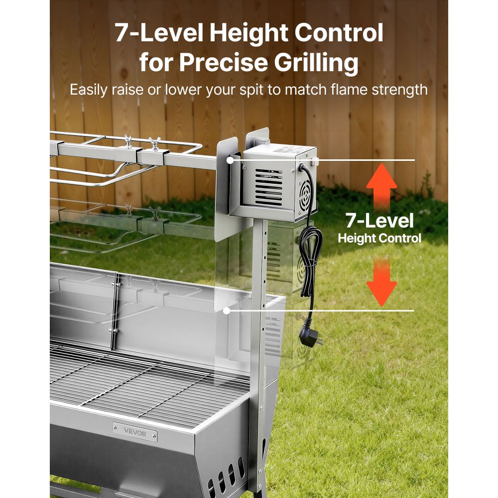 Grill rożenowy VEVOR 38 W, grill dla prosiąt, grill dla jagniąt, grill węglowy (długość grilla 94 cm), udźwig 60 kg, 7-stopniowa regulacja wysokości i płyta ochronna, zestaw grilla elektrycznego ze stali nierdzewnej do użytku na kempingu i na zewnątrz