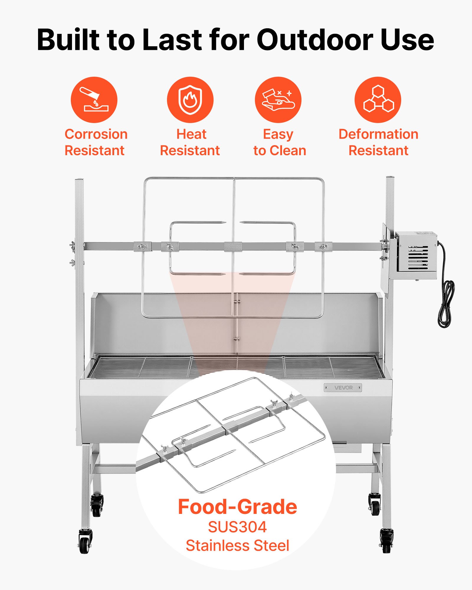Grill rożenowy VEVOR 38 W, grill dla prosiąt, grill dla jagniąt, grill węglowy (długość grilla 94 cm), udźwig 60 kg, 7-stopniowa regulacja wysokości i płyta ochronna, zestaw grilla elektrycznego ze stali nierdzewnej do użytku na kempingu i na zewnątrz