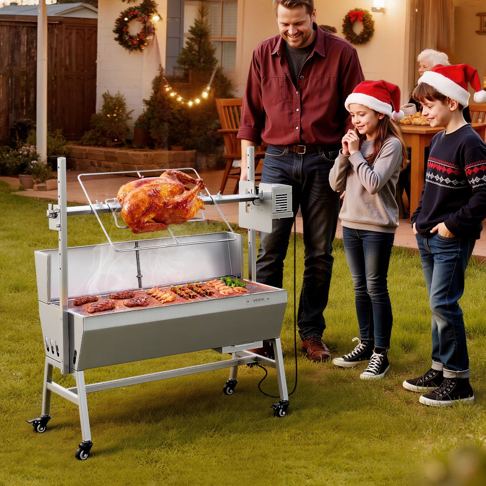 Grill rożenowy VEVOR 38 W, grill dla prosiąt, grill dla jagniąt, grill węglowy (długość grilla 94 cm), udźwig 60 kg, 7-stopniowa regulacja wysokości i płyta ochronna, zestaw grilla elektrycznego ze stali nierdzewnej do użytku na kempingu i na zewnątrz