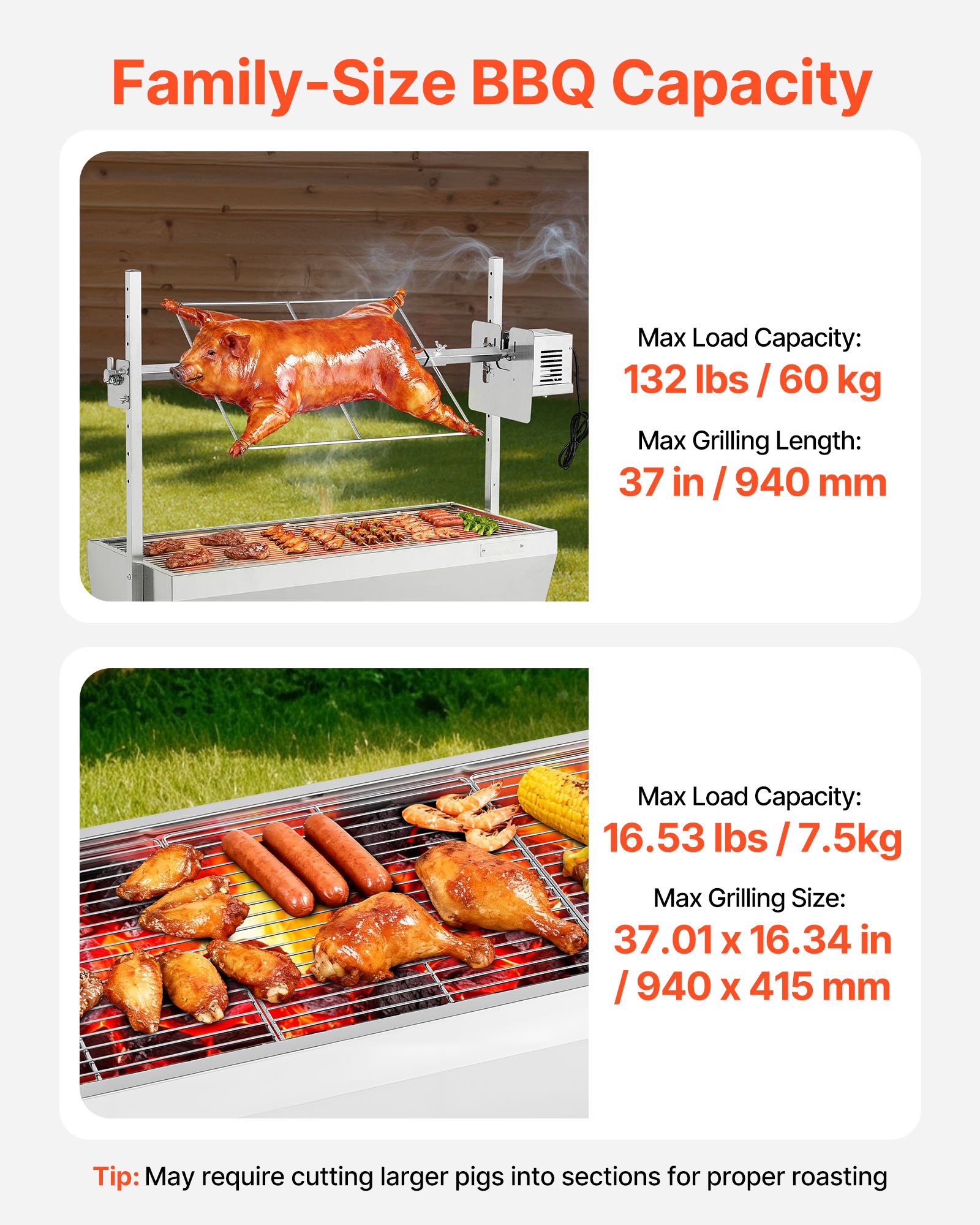 Grill rożenowy VEVOR 38 W, grill dla prosiąt, grill dla jagniąt, grill węglowy (długość grilla 94 cm), udźwig 60 kg, kółka i 7-stopniowa regulacja wysokości, zestaw grilla elektrycznego ze stali nierdzewnej do użytku na kempingu i na zewnątrz