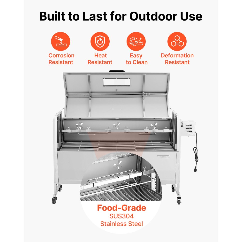 Grill rożenowy VEVOR 38 W, grill dla prosiąt, grill dla jagniąt, grill węglowy (długość grilla 1168,4 mm), udźwig 60 kg, kółka, 4-stopniowa regulacja wysokości i pokrywa, zestaw grilla elektrycznego ze stali nierdzewnej do biwakowania