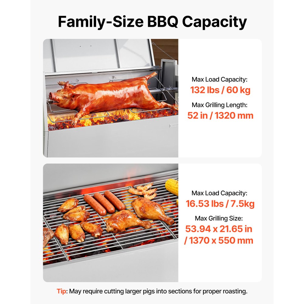 Grill rożenowy VEVOR 38 W, grill do prosiąt, grill do jagnięciny, grill węglowy (długość grilla 132 cm), udźwig 60 kg, kółka, 4-stopniowa regulacja wysokości i pokrywa, zestaw grilla elektrycznego ze stali nierdzewnej na kemping