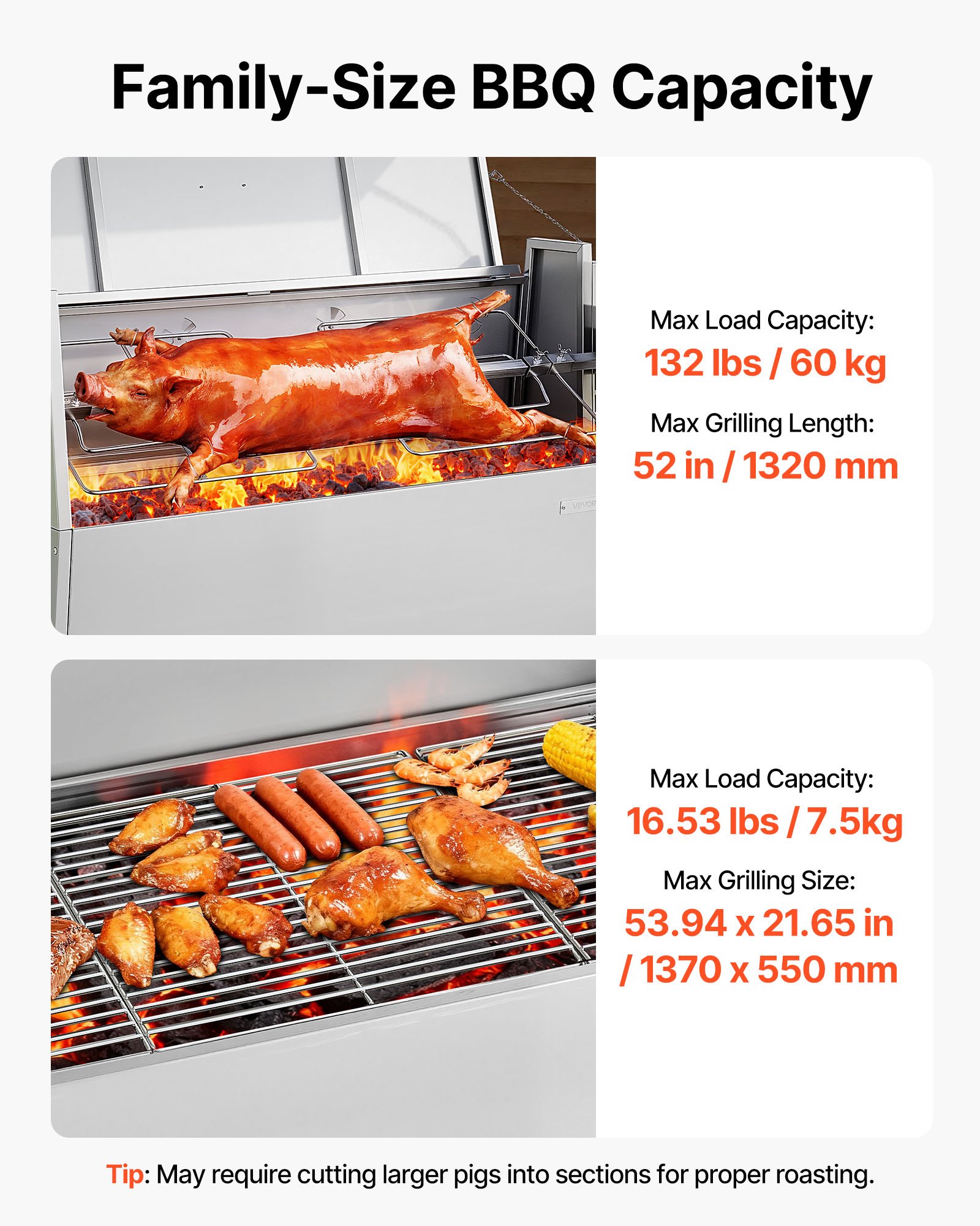 Grill rożenowy VEVOR 38 W, grill do prosiąt, grill do jagnięciny, grill węglowy (długość grilla 132 cm), udźwig 60 kg, kółka, 4-stopniowa regulacja wysokości i pokrywa, zestaw grilla elektrycznego ze stali nierdzewnej na kemping