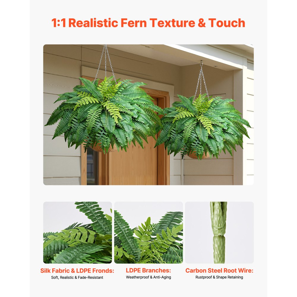 VEVOR Artificial Ferns, 1143 mm Fake Boston Fern Bush Plant with 63 Fronds, Faux Greenery for Indoor/Outdoor Decor, Silk & LDPE, Suitable for Home Porch Garden Office Living Room Planter, Set of 2