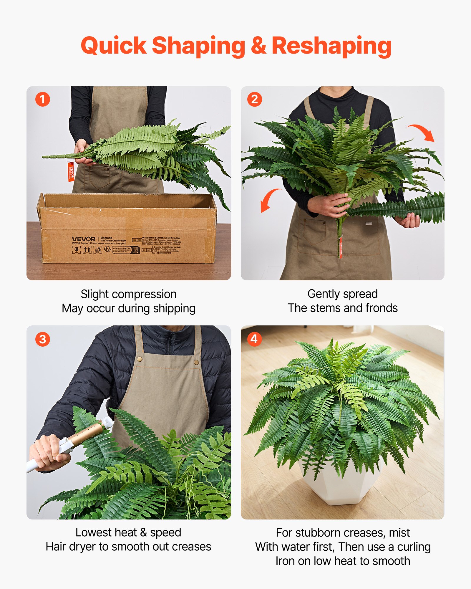 VEVOR Artificial Ferns, 1143 mm Fake Boston Fern Bush Plant with 63 Fronds, Faux Greenery for Indoor/Outdoor Decor, Silk & LDPE, Suitable for Home Porch Garden Office Living Room Planter, Set of 2