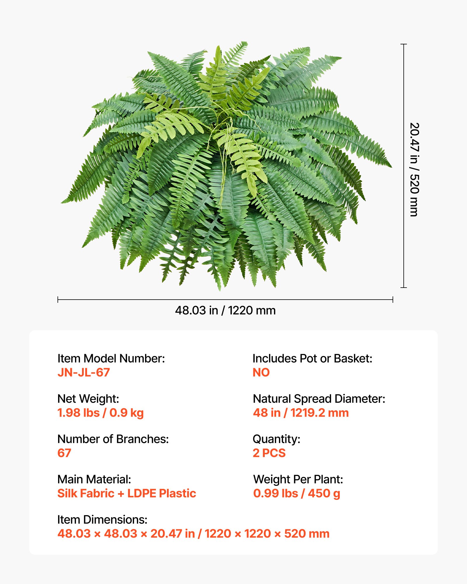 VEVOR Artificial Ferns, 1219 mm Fake Boston Fern Bush Plant with 67 Fronds, Faux Greenery for Indoor/Outdoor Decor, Silk & LDPE, Suitable for Home Porch Garden Office Living Room Planter, Set of 2