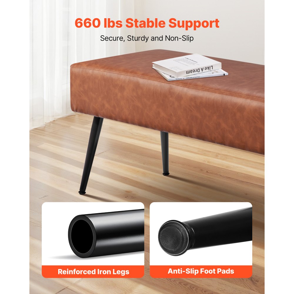 Ławka sypialniana VEVOR (40 x 110 x 43 cm) wykonana ze skóry ekologicznej z metalowymi nogami i przeszyciami, tapicerowana ławka na buty o udźwigu 300 kg, nowoczesny podnóżek do salonu, jadalni, przedpokoju, brązowy