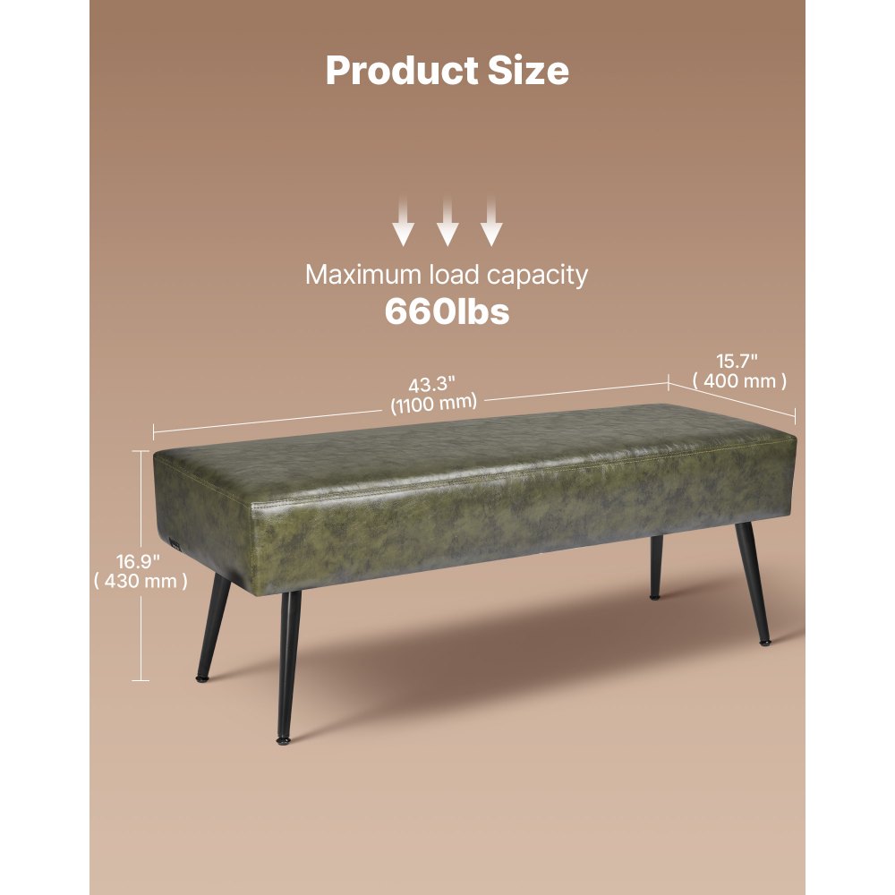 Ławka sypialniana VEVOR (40 x 110 x 43 cm) wykonana ze skóry ekologicznej z metalowymi nogami i przeszyciami, tapicerowana ławka na buty o udźwigu 300 kg, nowoczesna ławka-podnóżek do salonu, jadalni, przedpokoju, zielona