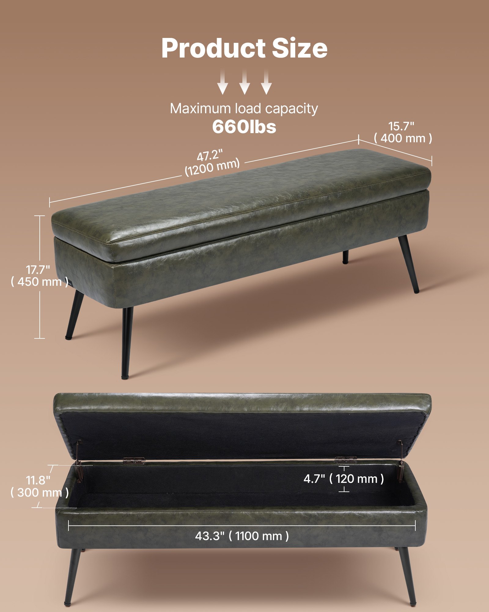 Ławka otomana VEVOR (400 x 1200 x 450 mm) wykonana ze skóry ekologicznej z metalowymi nogami i miejscem do przechowywania, tapicerowana ławka na buty o nośności 300 kg, nowoczesna ława łóżkowa, sypialniana, do salonu i jadalni, zielona