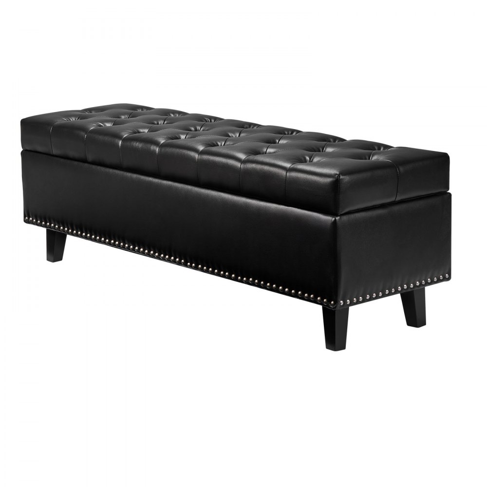 VEVOR Button-Tufted Storage Ottoman Bench, PU Leather Bench with Storage and Solid Wood Legs, Modern Shoe Benches Seat for Entryway, Upholstered End of Bed Benches for Living Room, Dining Room, Black