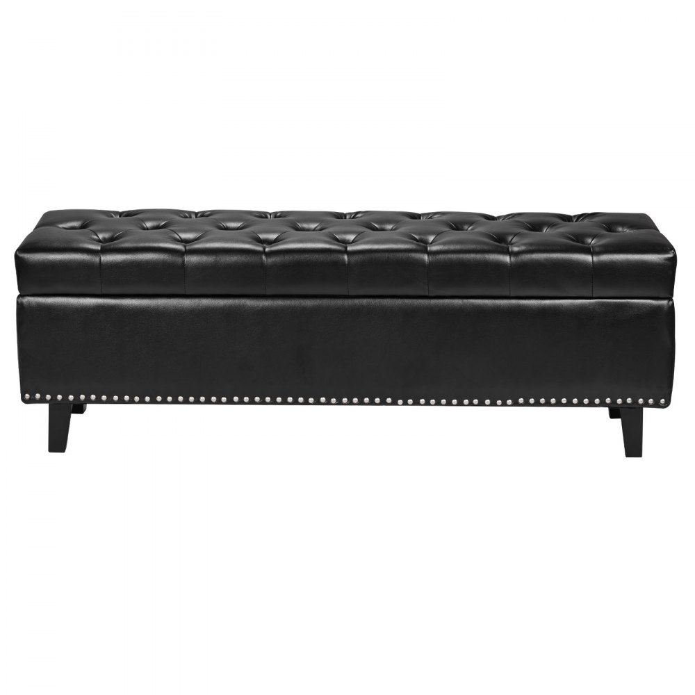 VEVOR Button-Tufted Storage Ottoman Bench, PU Leather Bench with Storage and Solid Wood Legs, Modern Shoe Benches Seat for Entryway, Upholstered End of Bed Benches for Living Room, Dining Room, Black