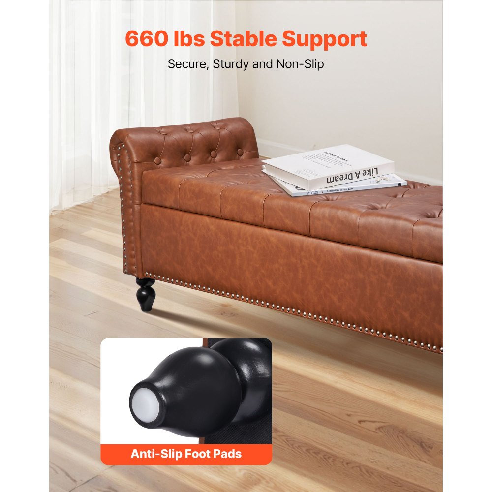 Ławka pufowa VEVOR (460 x 1660 x 560 mm) wykonana ze skóry PU z drewnianymi nogami, miejscem do przechowywania i przeszyciami, nowoczesna ławka na buty o udźwigu 300 kg, ławka do łóżka, ławka do sypialni, salonu i jadalni, brązowa