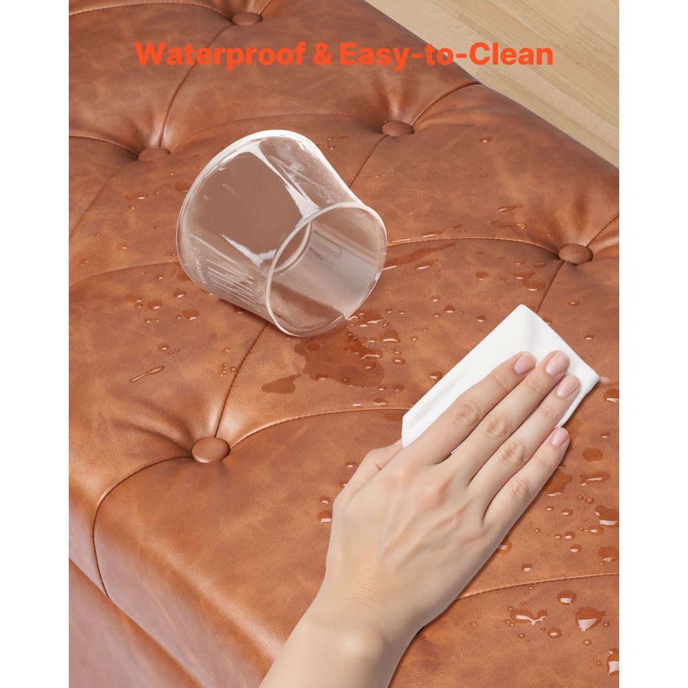 Ławka pufowa VEVOR (460 x 1660 x 560 mm) wykonana ze skóry PU z drewnianymi nogami, miejscem do przechowywania i przeszyciami, nowoczesna ławka na buty o udźwigu 300 kg, ławka do łóżka, ławka do sypialni, salonu i jadalni, brązowa