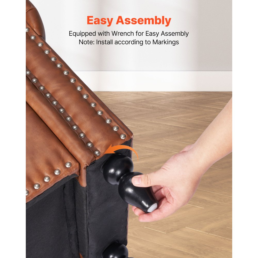 Ławka pufowa VEVOR (460 x 1660 x 560 mm) wykonana ze skóry PU z drewnianymi nogami, miejscem do przechowywania i przeszyciami, nowoczesna ławka na buty o udźwigu 300 kg, ławka do łóżka, ławka do sypialni, salonu i jadalni, brązowa