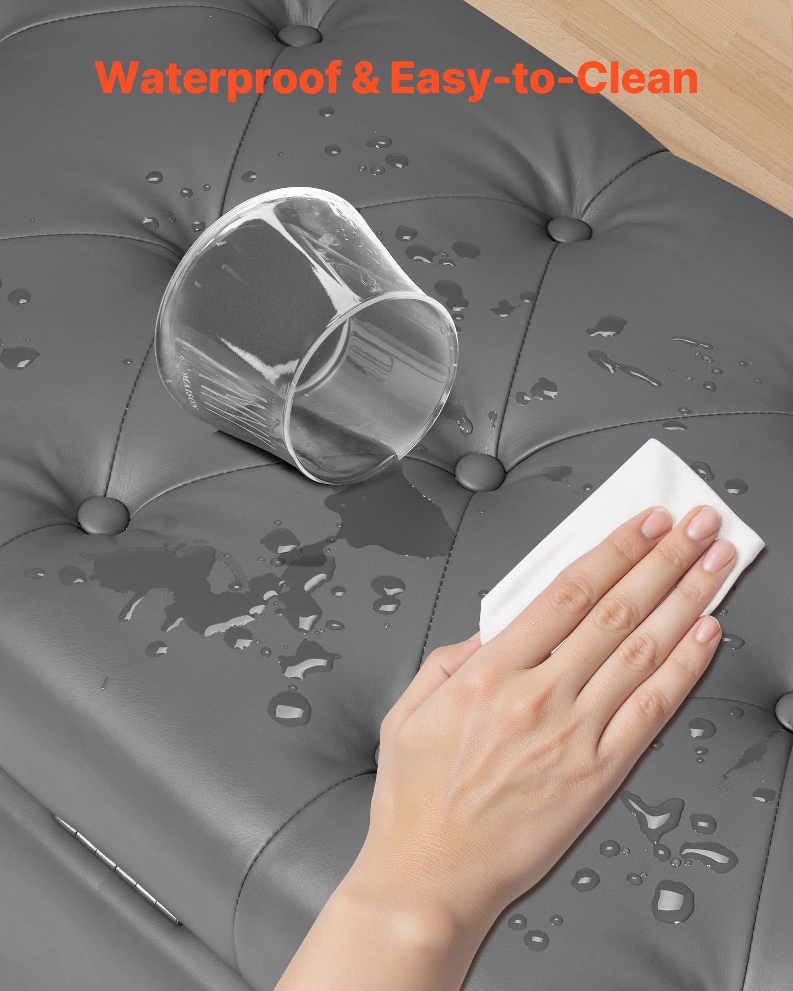 Ławka pufowa VEVOR (460 x 1660 x 560 mm) wykonana ze skóry PU z drewnianymi nogami i miejscem do przechowywania, przeszyciami na guziki i zwijanymi podłokietnikami, ławka na buty o nośności 300 kg, ławka do łóżka, ławka do sypialni, szara