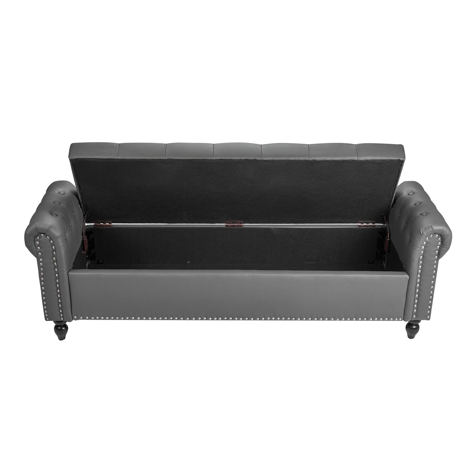 Ławka pufowa VEVOR (460 x 1660 x 560 mm) wykonana ze skóry PU z drewnianymi nogami i miejscem do przechowywania, przeszyciami na guziki i zwijanymi podłokietnikami, ławka na buty o nośności 300 kg, ławka do łóżka, ławka do sypialni, szara