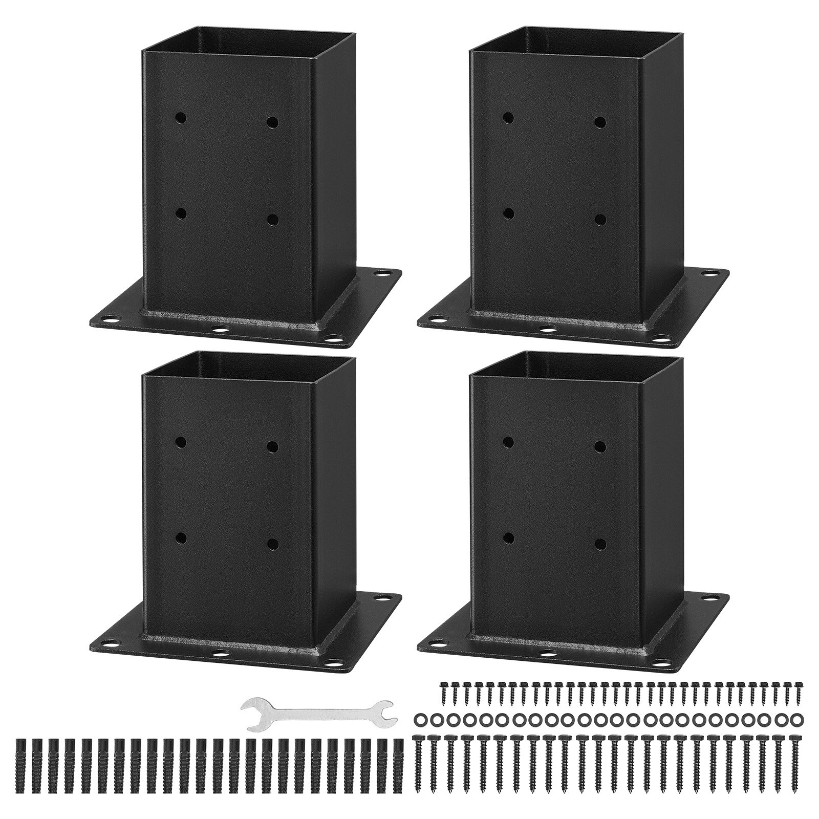 VEVOR Tuleja wkręcana, 4 sztuki, wspornik słupka, wymiary wewnętrzne 142 x 142 mm, do słupków 139,7 x 139,7 mm, tuleja uziemiająca ze stali węglowej, idealna do podstawy tarasu, balustrady altany, czarna