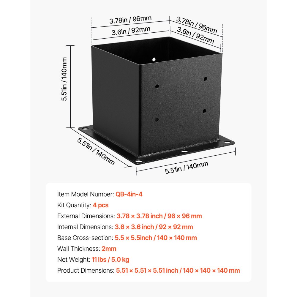 Tuleja montażowa VEVOR, 4 sztuki, wymiary wewnętrzne wspornika słupka 92 x 92 mm do słupków 88,9 x 88,9 mm, wytrzymała tuleja uziemiająca ze stali węglowej, idealna do balustrad altan i tarasów, płyta podstawy podtrzymującej taras, kolor czarny