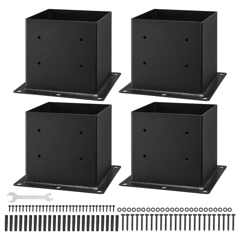 Tuleja montażowa VEVOR, 4 sztuki, wymiary wewnętrzne wspornika słupka 92 x 92 mm do słupków 88,9 x 88,9 mm, wytrzymała tuleja uziemiająca ze stali węglowej, idealna do balustrad altan i tarasów, płyta podstawy podtrzymującej taras, kolor czarny