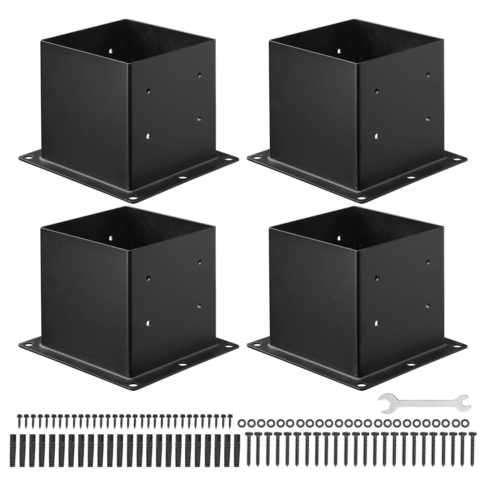Tuleja montażowa VEVOR, 4 sztuki, wymiary wewnętrzne wspornika słupka 92 x 92 mm do słupków 88,9 x 88,9 mm, wytrzymała tuleja uziemiająca ze stali węglowej, idealna do balustrad altan i tarasów, płyta podstawy podtrzymującej taras, kolor czarny