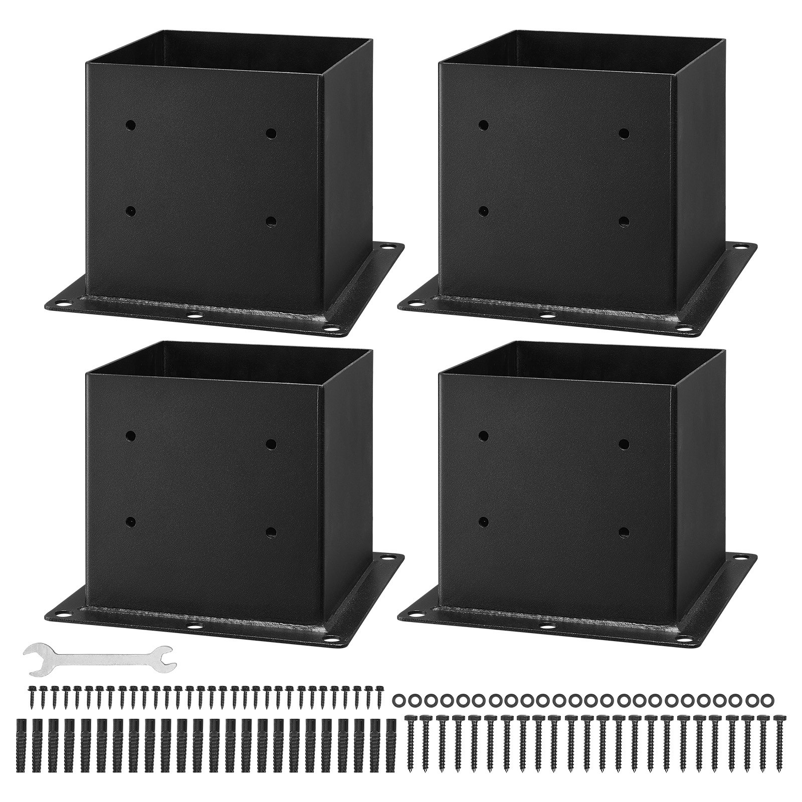 Tuleja montażowa VEVOR, 4 sztuki, wymiary wewnętrzne wspornika słupka 92 x 92 mm do słupków 88,9 x 88,9 mm, wytrzymała tuleja uziemiająca ze stali węglowej, idealna do balustrad altan i tarasów, płyta podstawy podtrzymującej taras, kolor czarny